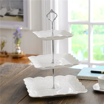 

Multi-layer English Tray Ceramic Fruit Plate Square Snack Dish Cake Tray White Embossed Candy Tray Shelf