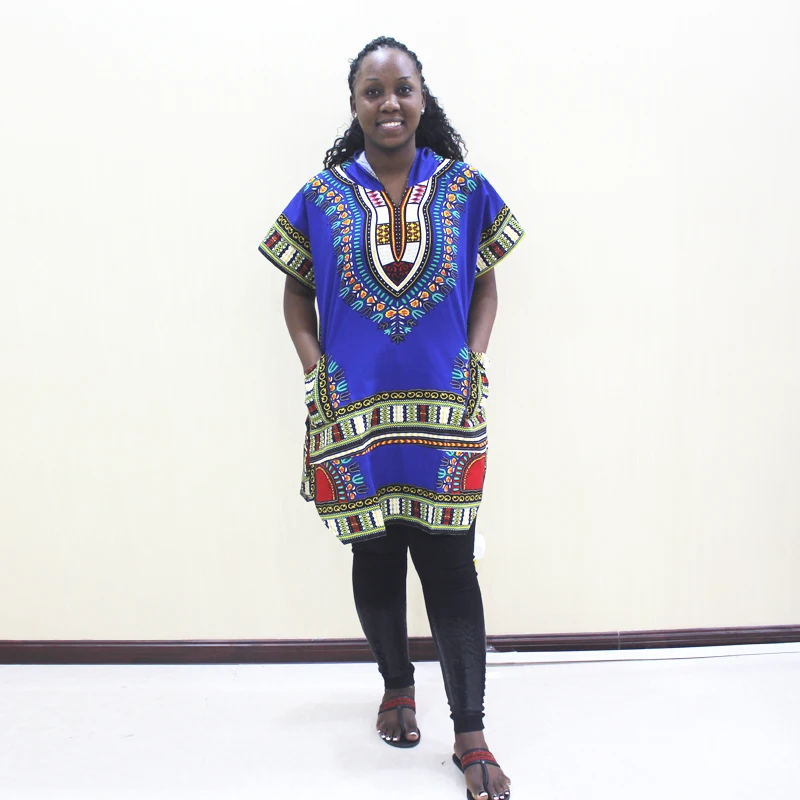 Dashikiage Yellow 100% Cotton African Dashiki Traditional Print Pockets Hooded Tops Shirt africa dress Africa Clothing