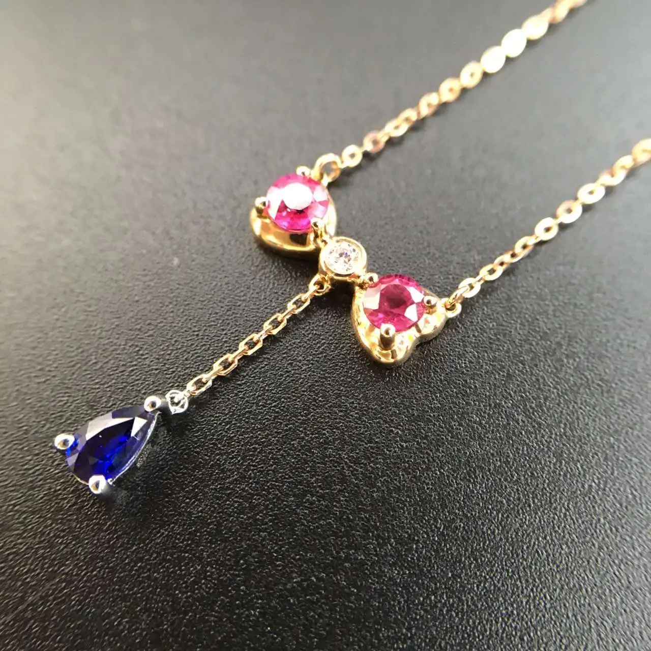 0.787ct рубин и ожерелье из сапфира с 0.031ct инкрустированный стразами 18K желтое золото драгоценный камень тонкий Рубин-ювелирные изделия для женщин
