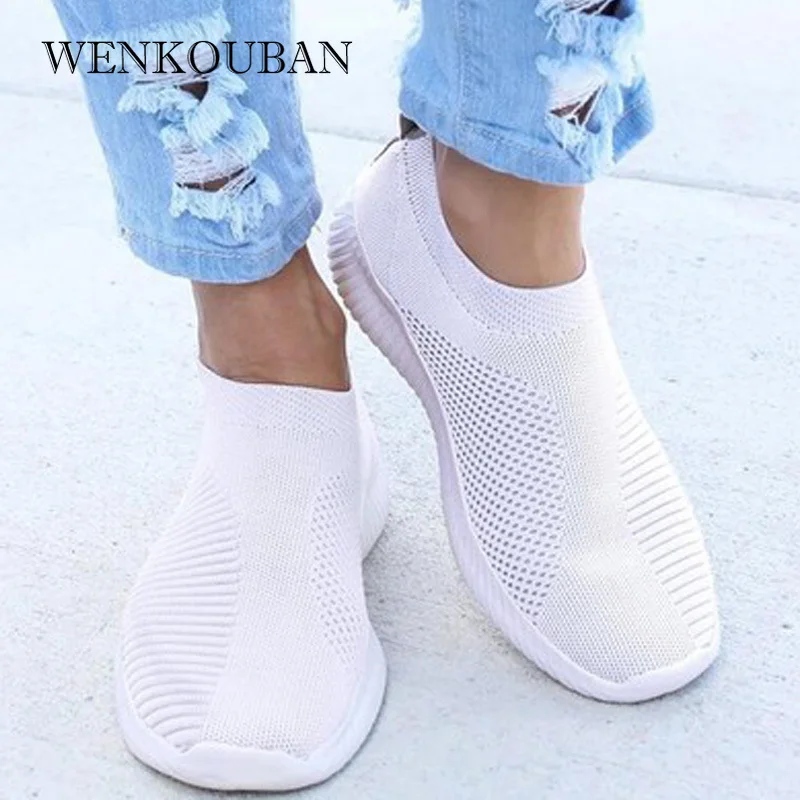 Women Shoes Vulcanized-Shoes Walking-Footwear Slip On Knitted Female Casual Ladies Soft