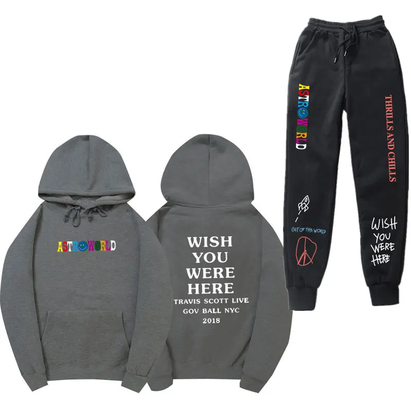 Трэвиса Скотта ASTROWORLD WISH YOU WAS HERE толстовки наборы уличная флисовая толстовка спортивные штаны Мужские Женские худи и брюки S-3XL - Цвет: Dark gray MS65WK0