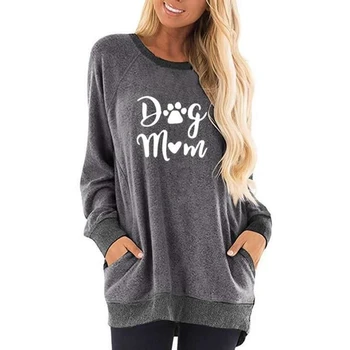 

Hoodies For Women Dog Mom Letters Print Round Neck Contrast Pocket Sweatshirts Kawaii Tops Hoodies Women Printing Pockets Frauen