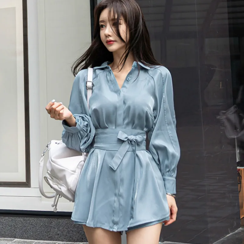 

Autumn Women Sets Long Lanter Sleeve blue Shirts Casual Short Two Pieces Solid Suit Cloth
