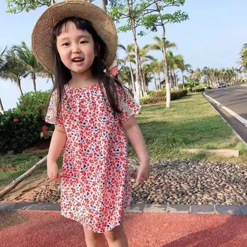 

Girls dress Red four-leaf clover print lace stitching dress cotton light and comfortable short-sleeved dress baby clothes