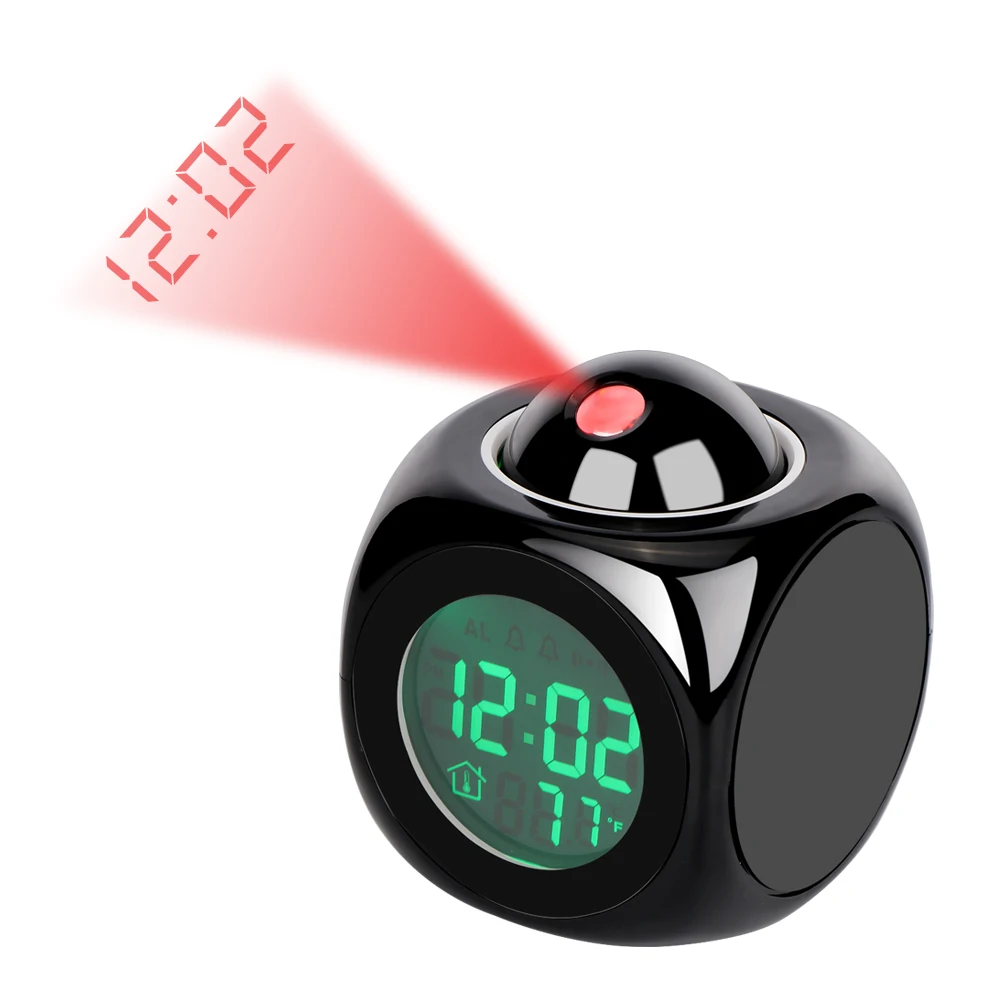 Электронный ЖК-термометр времени проекционные часы настольные Nixie цифровой без радио проектор говорящий будильник голосовые подсказки - Цвет: Черный