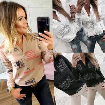 

Women Fashion Casual Sexy High Quality Top Blouse V Neck Letters Printing Button Long Sleeve Tops Plus Size Female Shirts