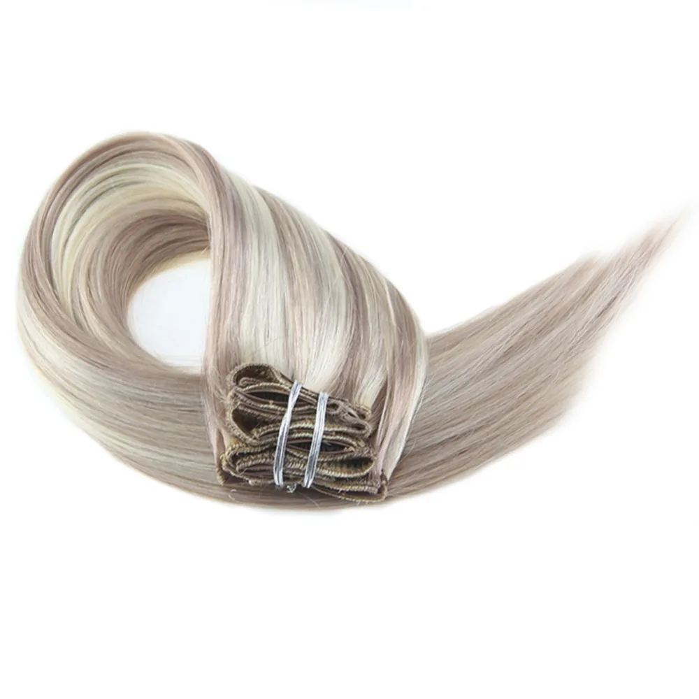 Moresoo 100 г волосы для наращивания на заколках, человеческие волосы Remy блонд# P18/613 на всю голову, 7 шт. 16-24 дюйма, бразильские волосы