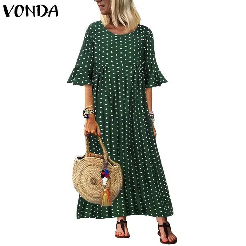 VONDA, модное летнее платье макси в горошек, Vestidos, женское вечернее платье для вечеринки, Femme, сексуальный богемный сарафан размера плюс, Халат - Цвет: Зеленый