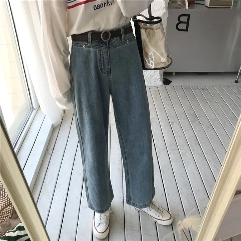 High Waist Jeans Women Loose Casual Simple All Match Womens Pockets Washed Korean Style New Fashion Females Hot Sale Comfortable
