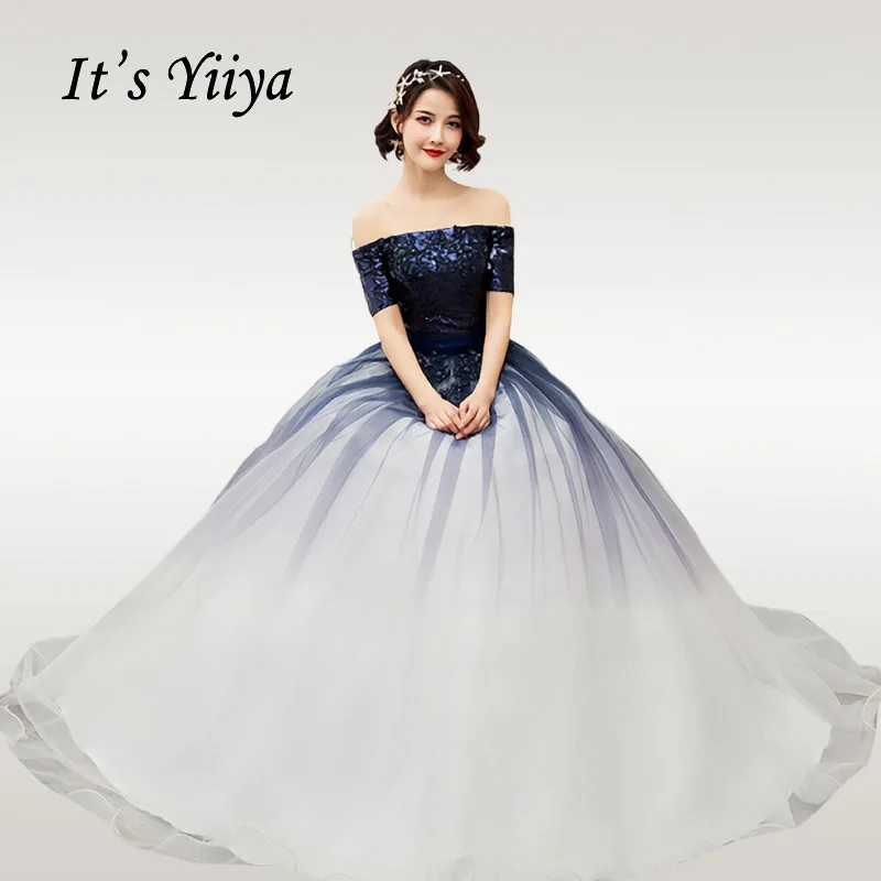 

It's YiiYa Wedding Dress Navy Blue Shining Sequins Off Shoulder Wedding Ball Gowns Plus Size Boat Neck Robe De Mariee CH194