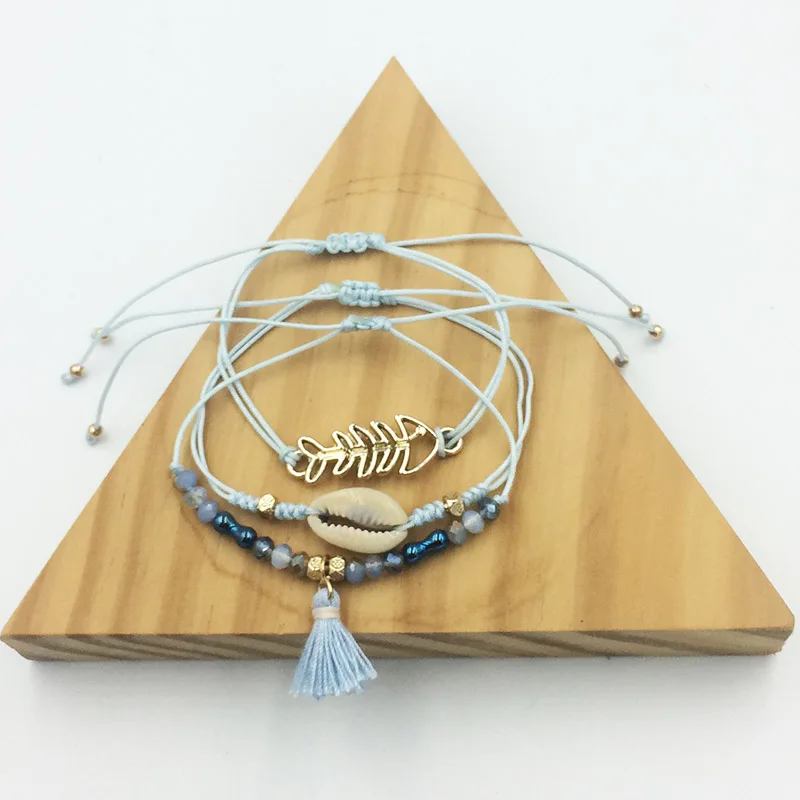 sky blue HanJing fringe shell листья кристалл обертывание плетеная веревка Набор браслетов из бусин для женщин Рождественский подарок ювелирные изделия с фабрики - Окраска металла: sky blue
