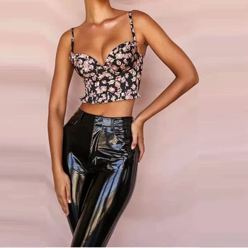 

2019 New Women Black Patchwork Flower Spaghetti Strap V Neck Bodyconn Jumpsuit Summer Fashion Verano Runway Two 2 Pieces Party