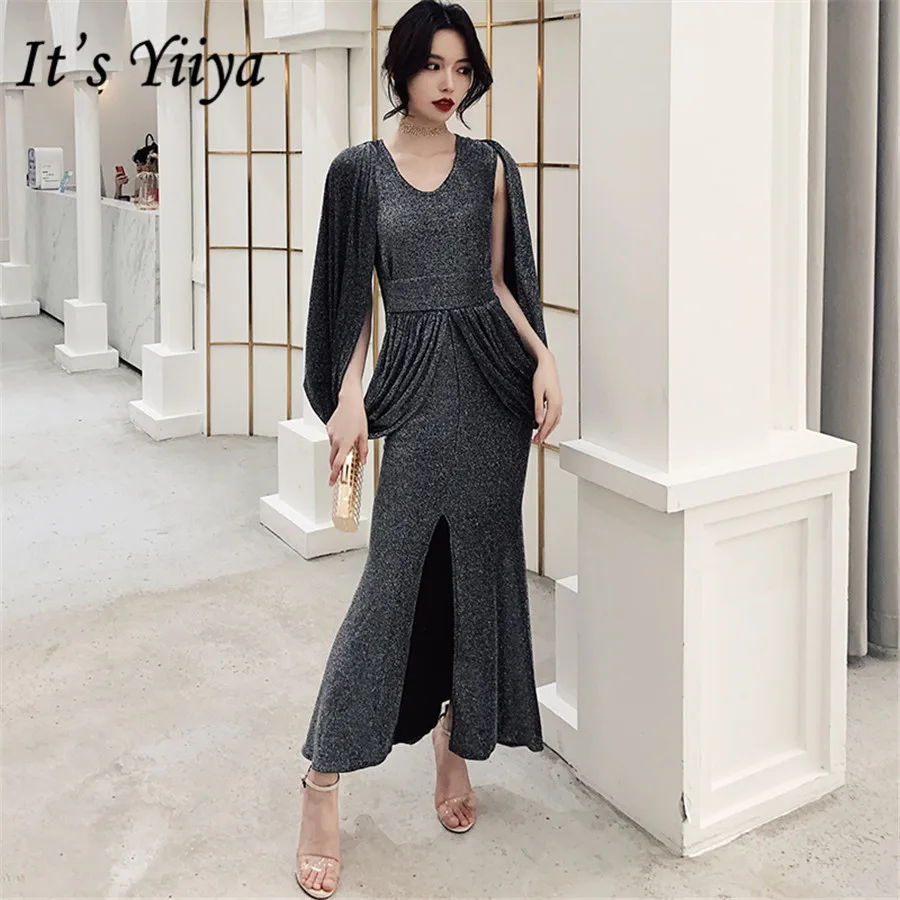 

It's Yiiya Evening Dress Mermaid V-neck Sleeveless Formal Evening Dresses Plus Size Gray Ankle Length robe de soiree 2020 E1322
