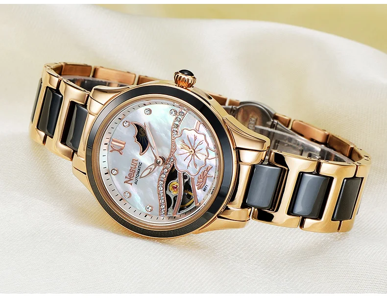 Новые швейцарские женские часы Nesun с полым турбийоном, роскошные Брендовые Часы, автоматические наручные водонепроницаемые женские часы N9071-2