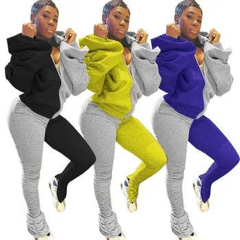 

New Style 2 Piece Set Women Draped Puff Sleeve Patchwork Backless Hooded Top Slit Stacked Leggings Outfit Wholesale Dropshipping