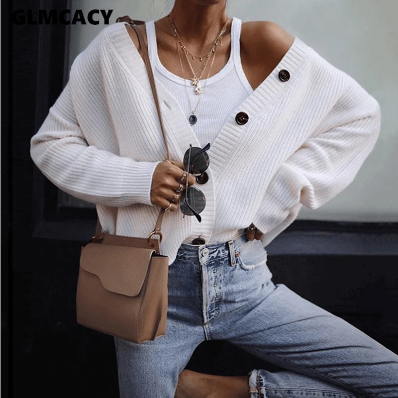 

Women Casual V-neck Single Breasted Long Sleeve Cardigans Sweater Autumn Elegant Solid Button Thick Sweater
