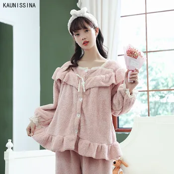 

Women Soft Winter Pajamas Sets Coral Velvet Korean Style Sleepwear Thicken Warm Homewear Student Girls Two Pieces Pajama