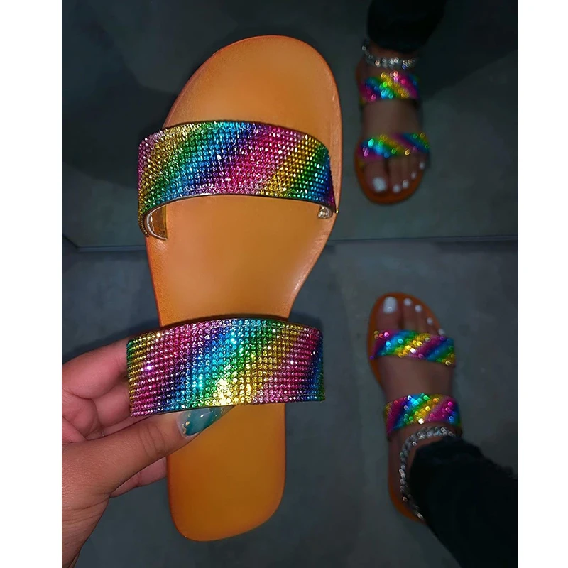 

NouC INS HOT Rhinestone Sandals Women Summer Rainbow Slippers Open Toe Big Size Sandal beach slides women summer shoes DROP SHIP