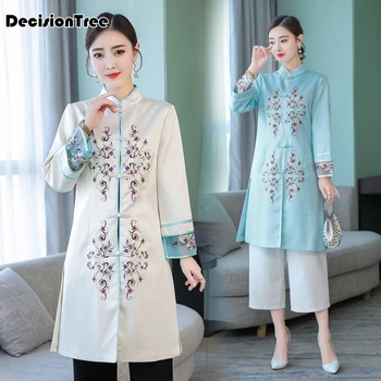 

2020 chinese cheongsam top flower embroidered tops silk haut stand collar chinese shirts qipao blouse long blouse