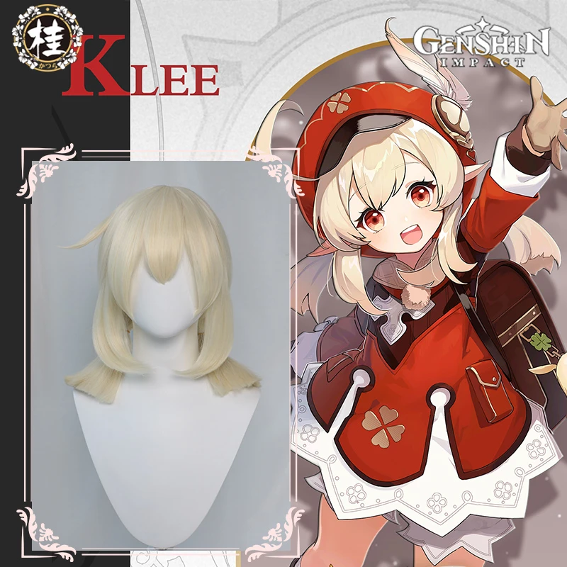 UWOWO Game Genshin Impact Klee Fleeing Sunlight Cosplay Wig Spark Knight Red Burny Girl 40cm Cream gold Twin tail Hair