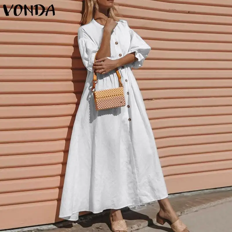 VONDA летнее однотонное Макси-Платье с круглым вырезом, женские вечерние платья с рукавом-фонариком, повседневный свободный пляжный сарафан размера плюс, женское платье