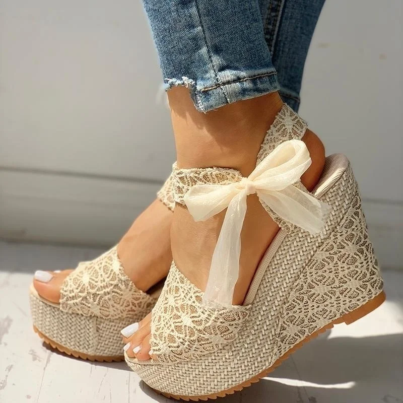 Women Lady Sweet Candy High Heel Wedge Platform Sandals Bowknot Ankle Lace  UK 