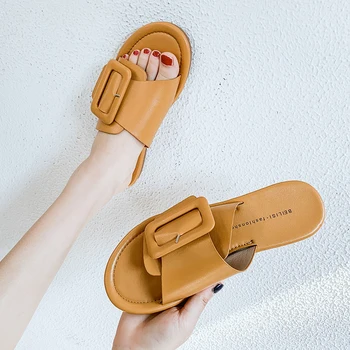 

Rimocy Women Casual Summer Flat Beach Slippers Fashion Buckle Leather Flip Flops Woman Solid Color Soft Bottom Sandals Ladies