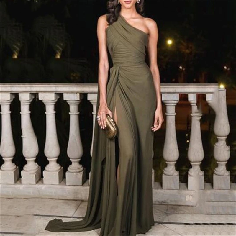 

Evening Dresses 2020 Simple Prom Party Gowns A-Line Floor Length One Shoulder Side Split Evening Gowns Custom Made Vestido de noche Vestidos De Festa Longo Red Carpet Party Wear