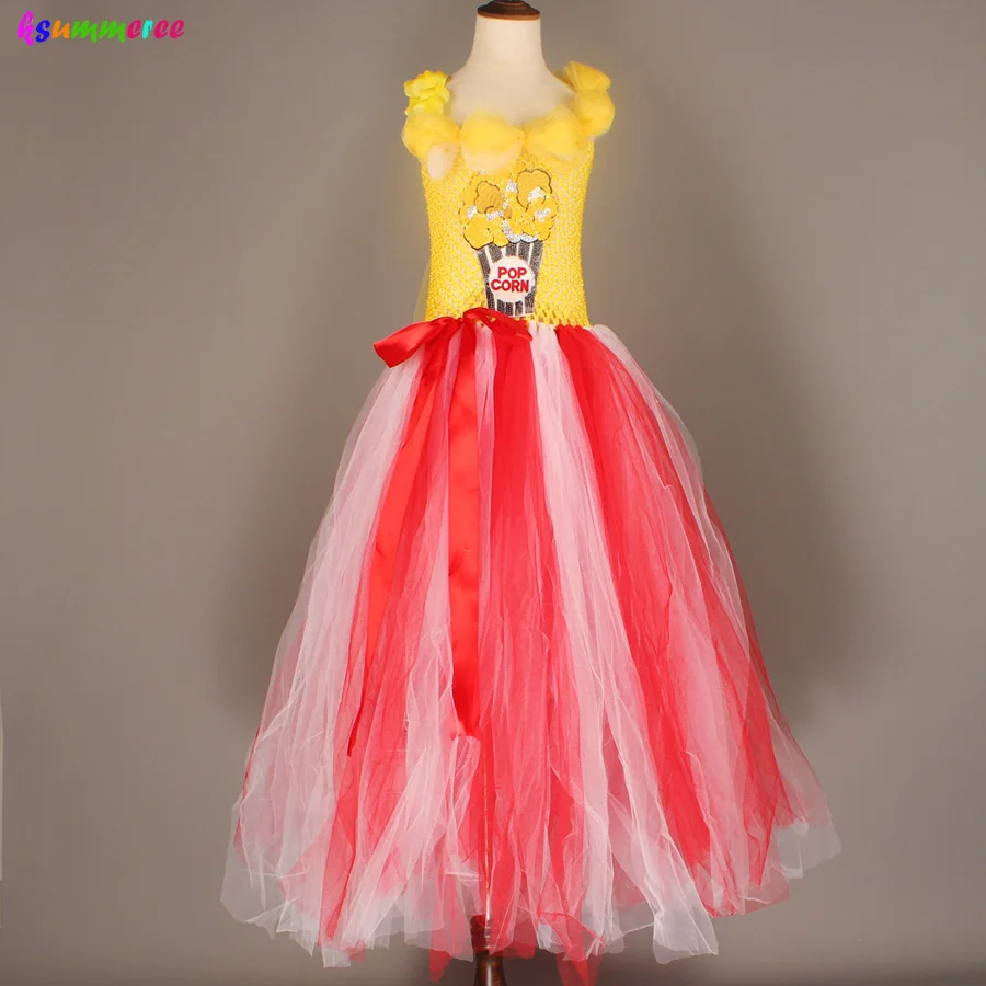 Adorable Popcorn Inspired Girls Tutu Dress Red & White Tulle Children Birthdays Halloween Dress Up Costume Kids Flower Ball Gown