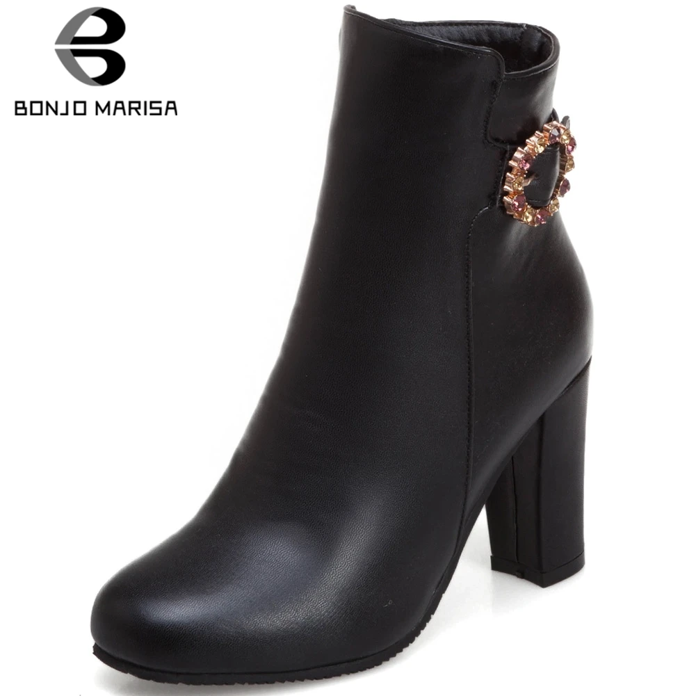 

BONJOMARISA New Concise Ladies Solid Boots Fashion Buckle Decorating Ankle Boots Women Super High Square Heel Shoes Woman
