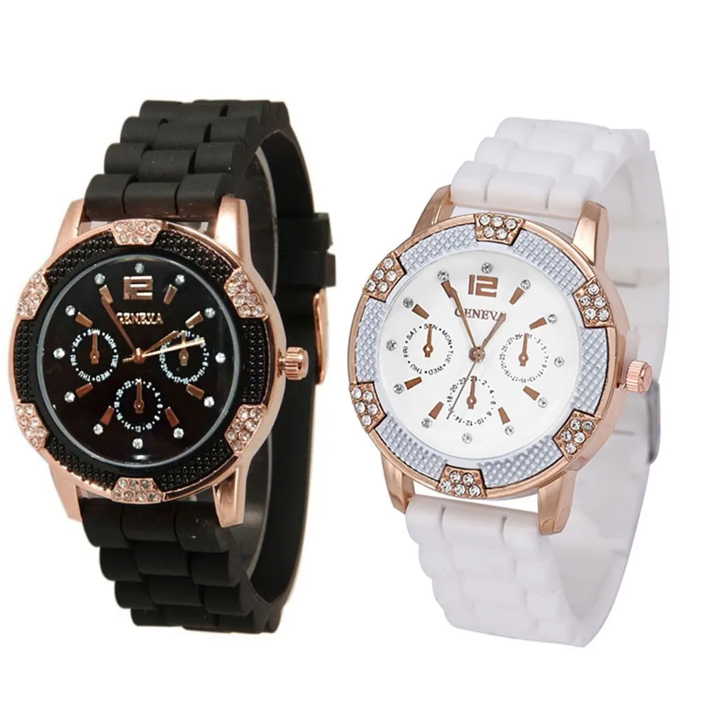 Модные женские часы розовое золото хронограф силиконовый ремешок Кристальные