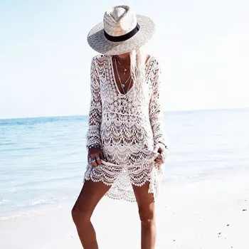 

2019 Lace Long Sleeve Beach Dress Tunic Swimwear Women Swimsuit Crochet Bikini Cover Up Pareo Sarong Beachwear Bathing Suit
