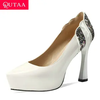 

QUTAA 2020 Hoof High Heel Shallow Women Shoes Sexy Pointed Toe Party Ladies Pumps PU Leather Platform Single Shoes Big Size34-43