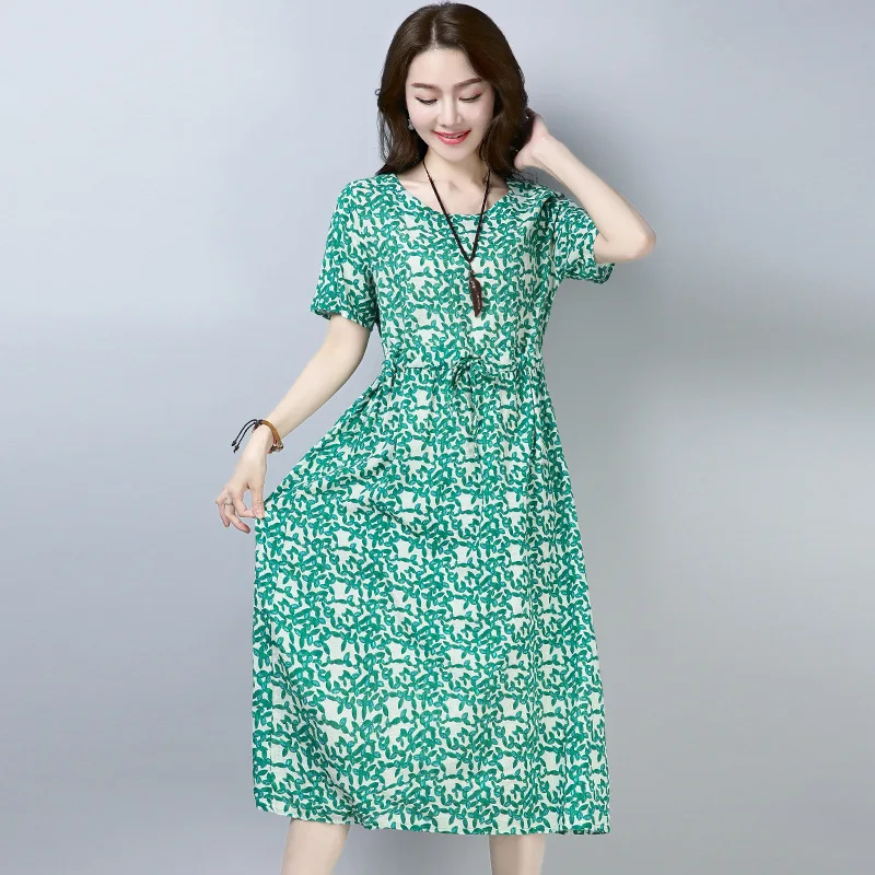 

2018 Summer Wear New Style Ethnic-Style Printed WOMEN'S Dress Loose-Fit Waist Hugging Mid-length Cotton Linen Short Sleeve Big H