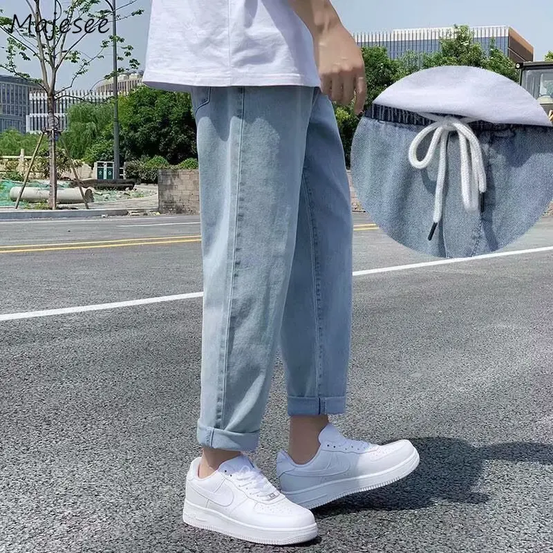 Pantalones vaqueros estilo Harem para hombre, pantalón Vintage, color azul liso, cintura elástica, estilo Harajuku coreano, Ulzzang, ropa de calle elegante nuevo