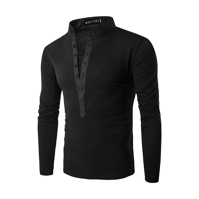 

New Men's Solid Color Stand-up Collar T-shirt Button Placket Casual All-match Long-sleeved T-shirt Slim Bottoming Shirt for Men