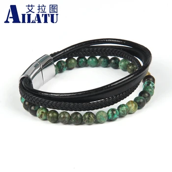 

Ailatu New Braided Stainless steel Leather Bracelet African Stone & Tiger eye Beads Magnetic Clasps Men Wrist Gifts