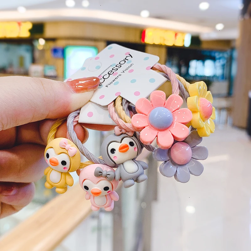 3PCS Cartoon New Cute Flower Penguin Princess Headwear Kids Elastic Hair Bands Children Ropes Girls Accessories Baby Headdress