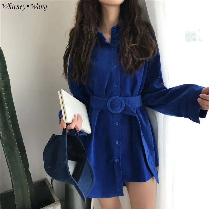 Синий WHITNEY WANG блузки женские осенние модные ремень для верхней одежды Вельветовая блузка женские блузы рубашки топы - Цвет: Синий