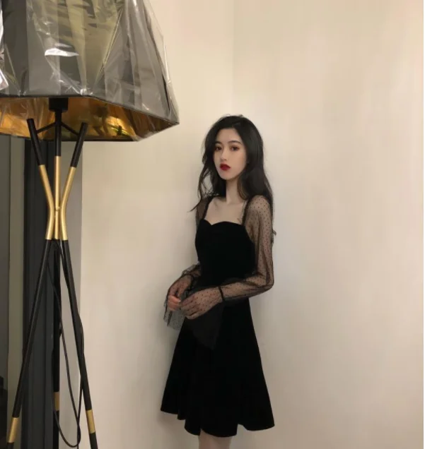 その他トップス New Korean Women Dress Temperament Formal Vintage Black Square Collar Asymmetrical Slim Midi Party Club Prom Lady Mujer Vestidos Korean Black Dress Women Elegant Fashion Summer Office