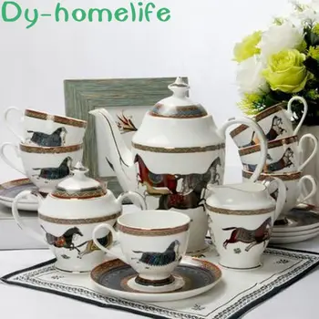 

15-Piece European Phnom Penh War Horse Ceramic Coffee Tea Set Creative Household Bone China Pot Cup Saucer Coffee Set