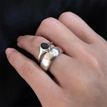

POFUNUO Real 925 Sterling Silver Lovers Black Agate Unique Personalized Rings Women Fashion Jewelry European Style Niche Rings