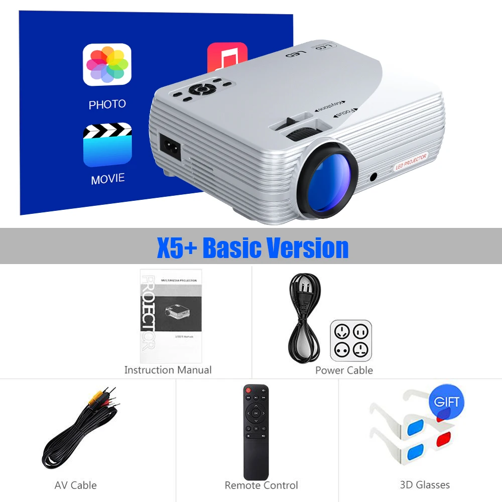 Мощный мини-проектор X5+ 1280*720P Full HD проектор 2600 люменов совместим с tv Stick, PS4, HDMI, VGA, TF и USB - Цвет: Basic Version