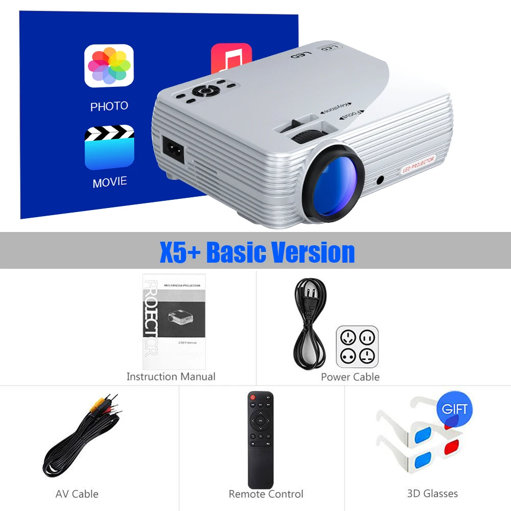 Basic Version Мощный мини-проектор X5+ 1280*720P Full HD проектор 2600 люменов совместим с tv Stick, PS4, HDMI, VGA, TF и USB - Цвет: Basic Version