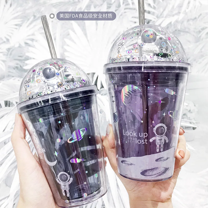 

380ML Interstellar Wandering Astronaut Cup Creative Gift Custom Plastic Cup Girls Children Cute Water Cup Cartoon Pattern