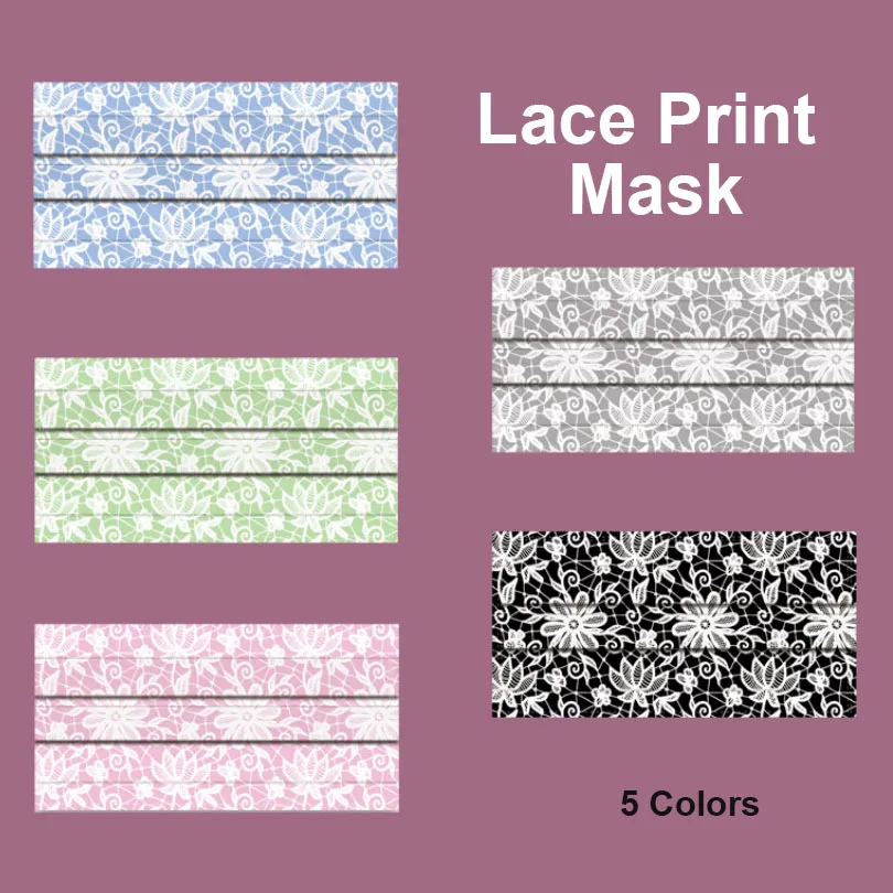 50Pcs Disposable Green Lace Printing Mask Meltblown Cloth Pink Mouth Face Mask Mascara Spunlace Non-woven Fabric