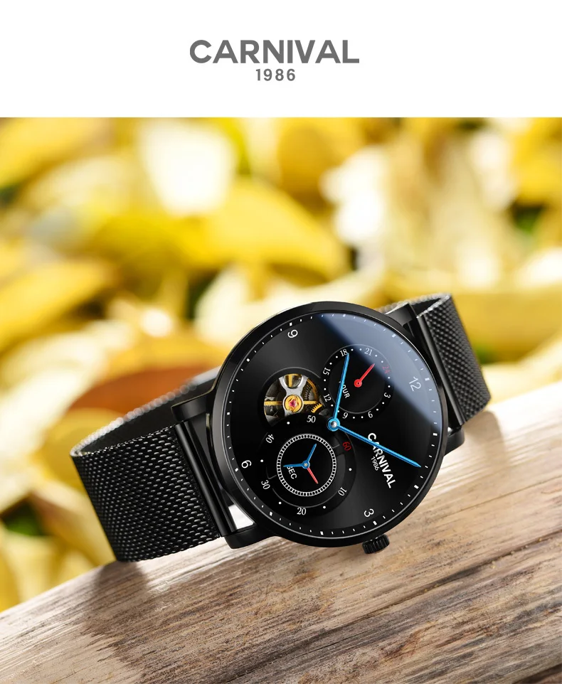 Новые карнавальные мужские часы люксовый бренд автоматические механические часы мужские водонепроницаемые двойные полые часы сапфировые C8026G-3