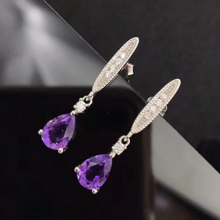 

Europe And America New Style Gemstone Earrings Jewelry 925 Silver Inlaid Natural Amethyst Earrings