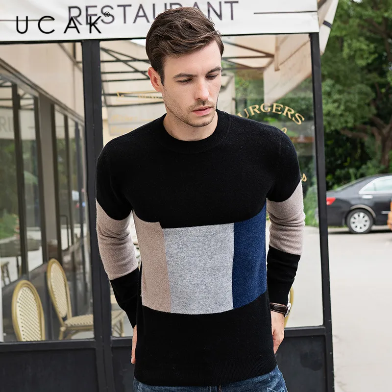 Popular UCAK Brand Sweaters Men 2019 Autumn Winter Thick Warm Pull Homme Pure Merino Wool Cashmere Contrast Color Pullover Male U3092