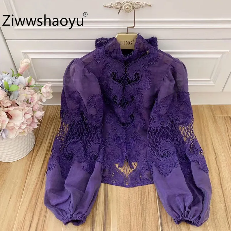 Ziwwshaoyu дизайнерская Фиолетовая рубашка для подиума из хлопка, женская рубашка с рукавами-фонариками, ажурная вышивка, модный топ с вставками+ подкладка